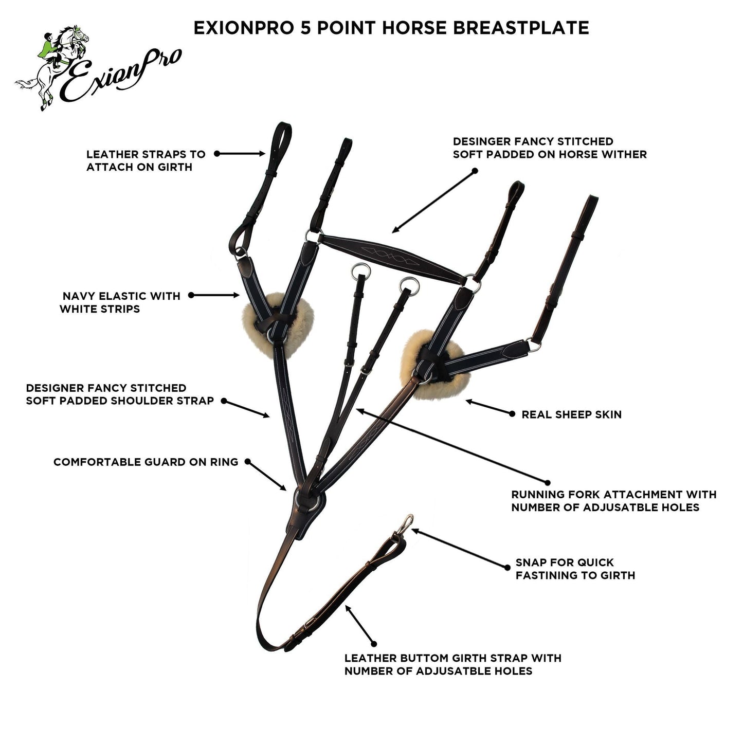 ExionPro 5 Point Breastplate with Running Attachment and Sheepskin Fur Padding - Matching Elastic