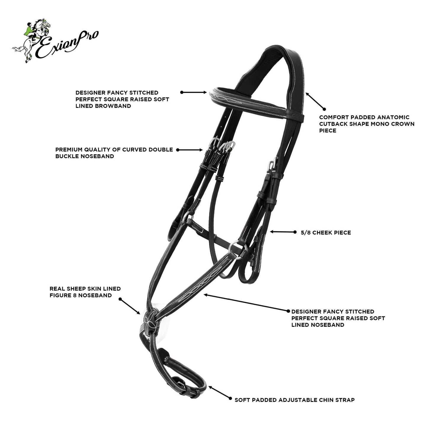 ExionPro Designer Fancy Stitched English Bridle With Rubber Rein