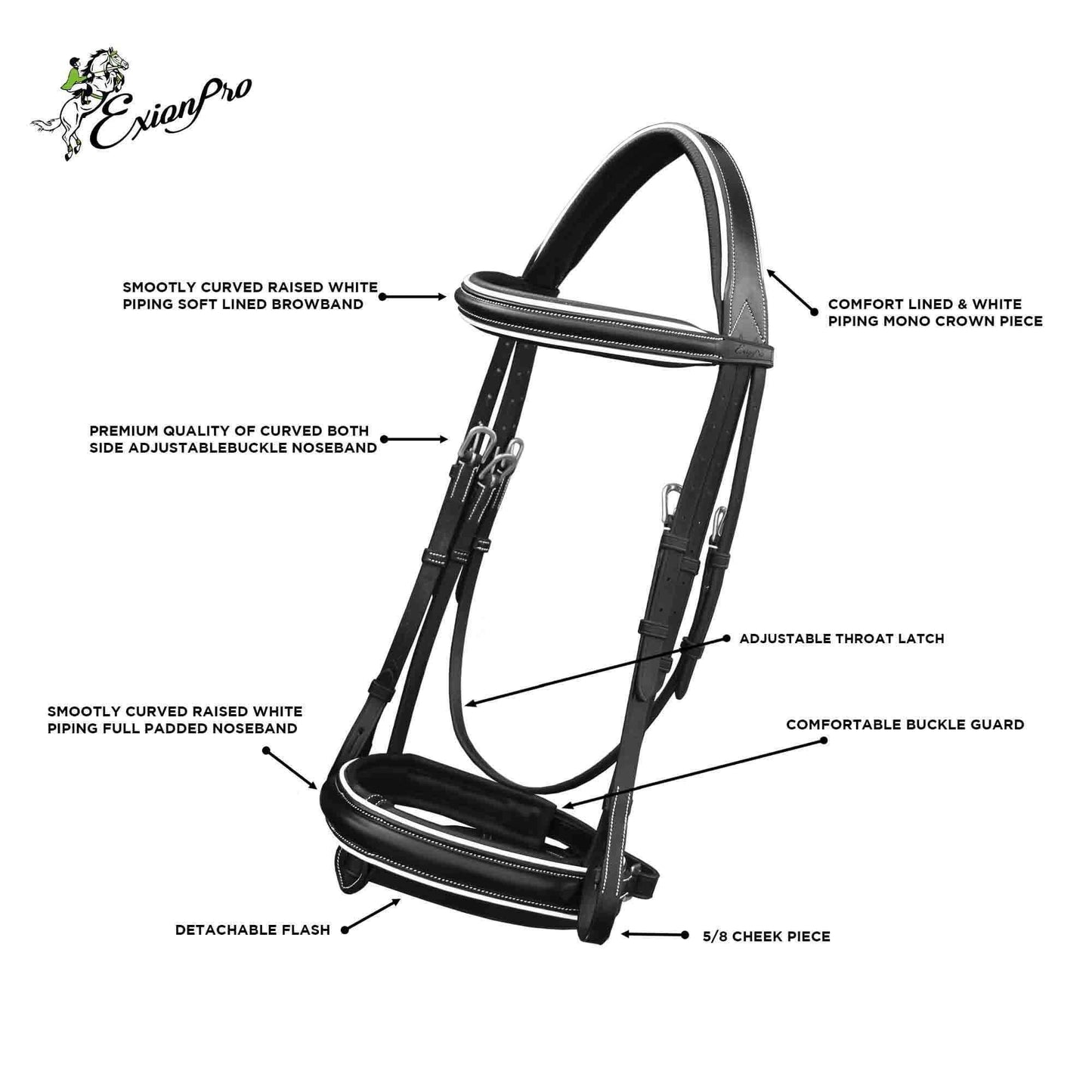 ExionPro Comfort Lined White Piping Broad Dressage Bridle With Web Reins