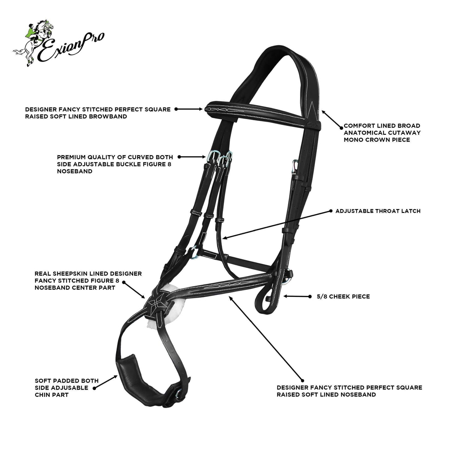 ExionPro Broad Crownpiece Designer Fully Adjustable Figure 8 Bridle & Reins