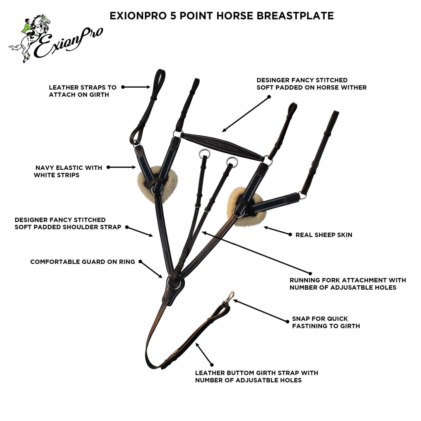 ExionPro 5 Point Breastplate with Running Attachment-Sheepskin Padding With Navy Blue Elastic & White Lines